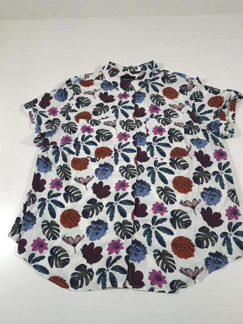 Wildfang Shirt Womens 1X White Floral Tropical Print Short Sleeve Button Up